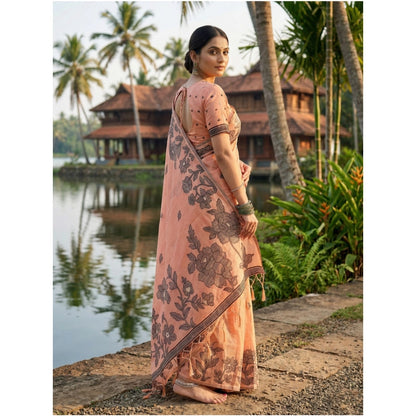 Women's Linen Cotton Printed Saree With Unstitched Blouse 5.5Mtr (Orange)