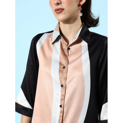 Women's Satin Colour Block Long Sleeves Co-Ord Set (Beige - Black)