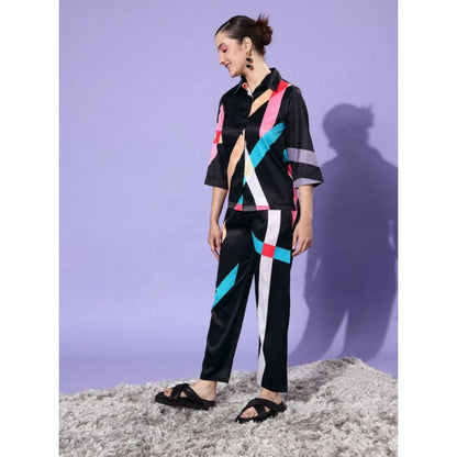 Women's Satin Colour Block Long Sleeves Co-Ord Set (Multicolor)