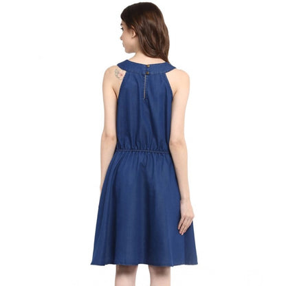 Women's Denim Solid Sleeveless Dress (Blue)