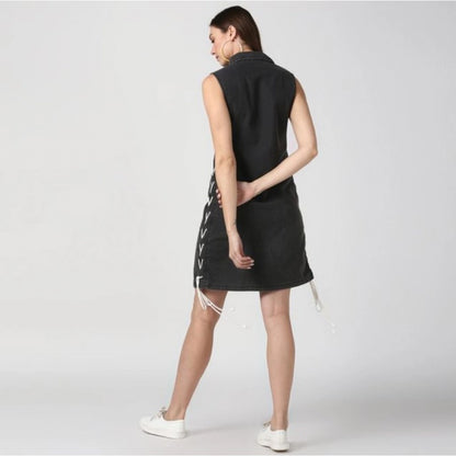 Women's Denim Solid Sleeveless Dress (Black)