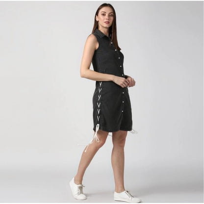 Women's Denim Solid Sleeveless Dress (Black)
