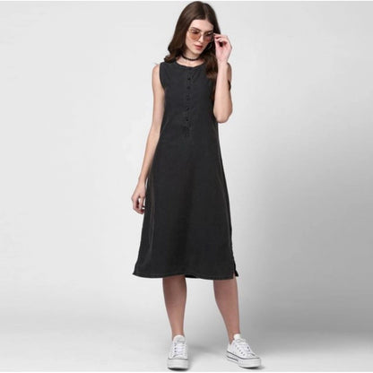 Women's Denim Solid Sleeveless Dress (Black)
