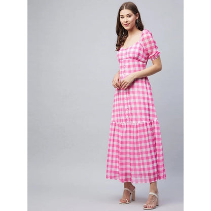 Women's Polyester Georgette Checkered Half Sleeve Dress (Pink)