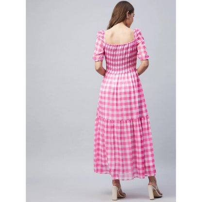 Women's Polyester Georgette Checkered Half Sleeve Dress (Pink)