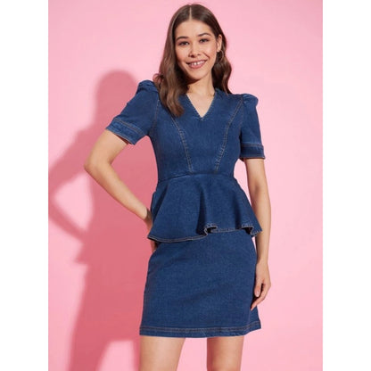 Women's Denim Solid Puff Sleeves Dress (Blue)