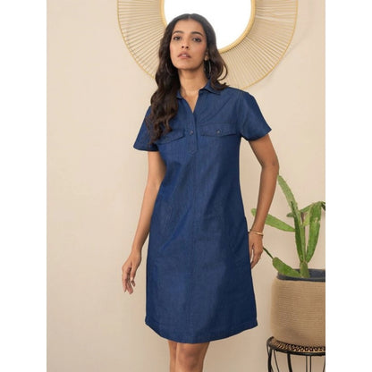 Women's Denim Solid Sleeveless Dress (Blue)