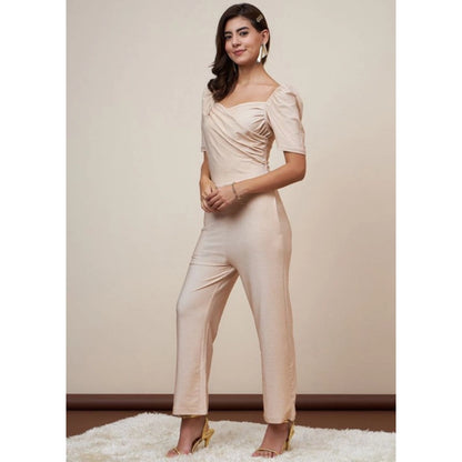 Women's Polyester Shimmer Self Design Short Sleeve Jumpsuit (Gold)