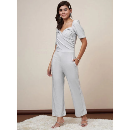 Women's Polyester Shimmer Self Design Short Sleeve Jumpsuit (Silver)