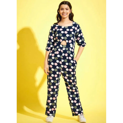 Girl's Cotton Polka 3-4th Sleeve Jumpsuit (Multicolor)