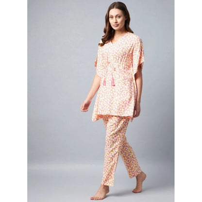 Women's Rayon Tie And Dye Kaftan Sleeve Night Suit (Multicolor)