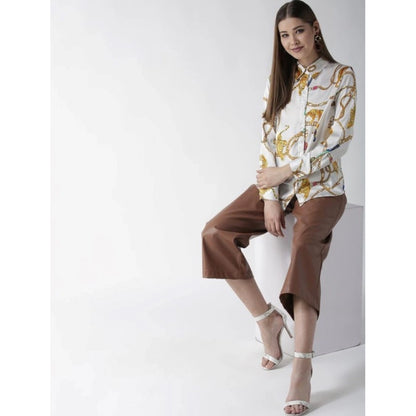 Women's Satin Printed Long Sleeves Shirt (White-Gold)