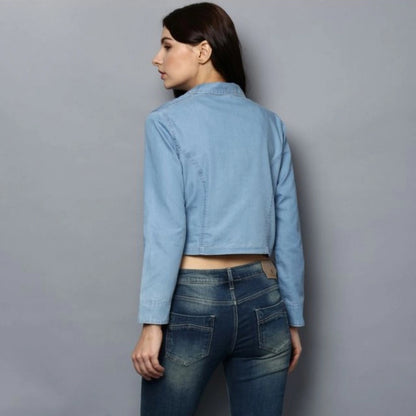 Women's Denim Solid 3-4th Sleeves Shrug (Blue)