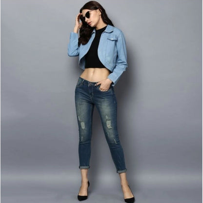 Women's Denim Solid 3-4th Sleeves Shrug (Blue)