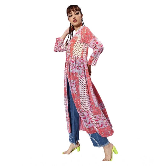 Women's Polyester Floral Long Sleeves Shrug (Pink-Coral)