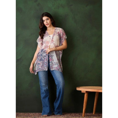 Women's Chiffon Printed Short Sleeves Shrug (White - Purple)