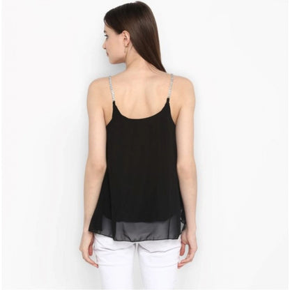Women's Polyester Embellished Shoulder Straps Top (Black)