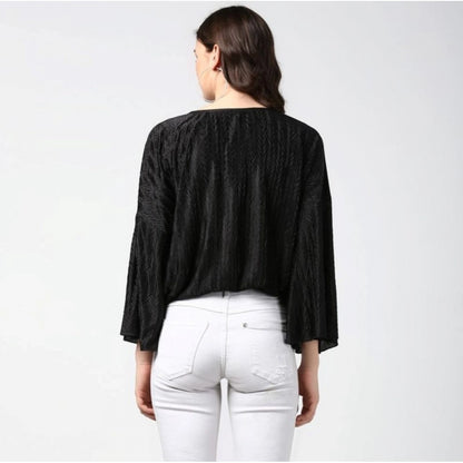 Women's Polyester Pleated Balloon Sleeve Top (Black)