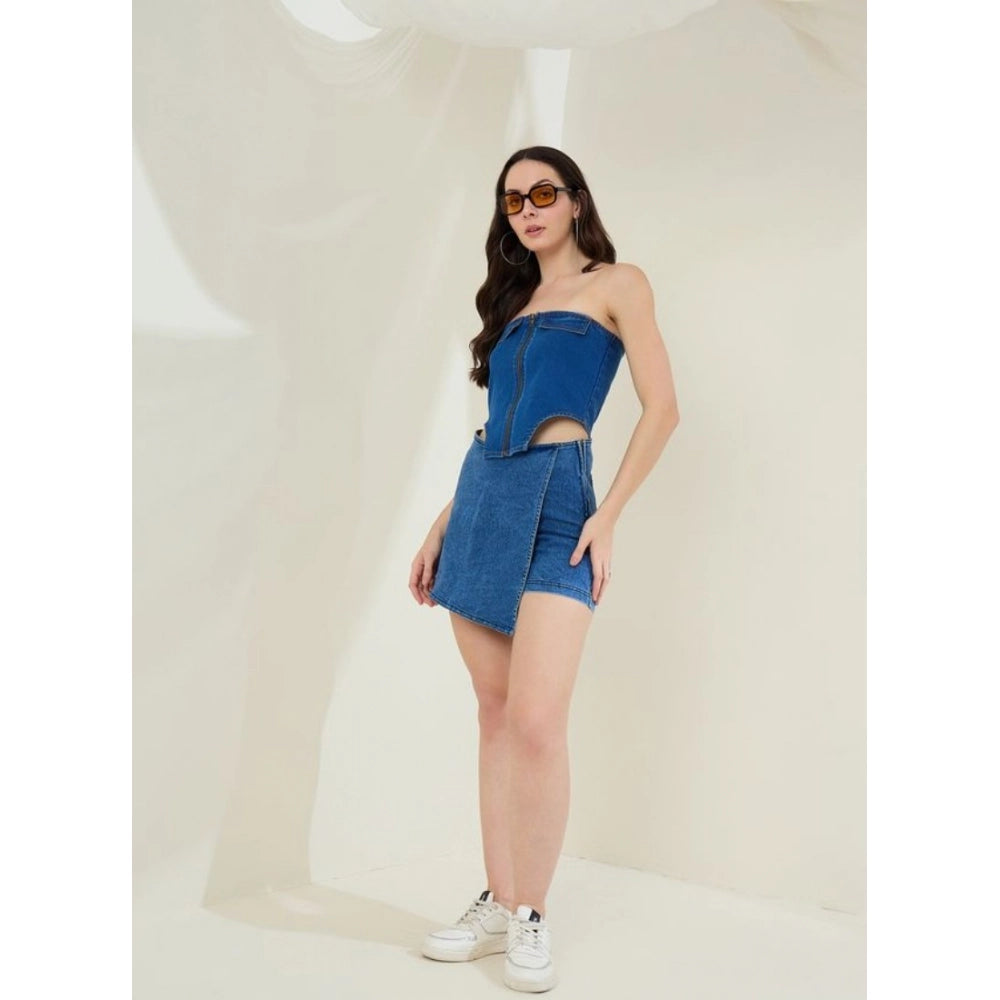 Women's Denim Lycra Solid Sleeveless Top (Blue)