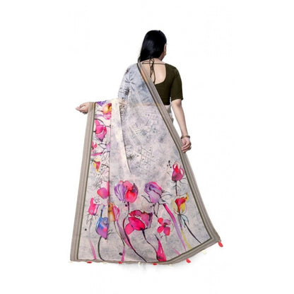 Women's Georgette Floral Printed Saree With Unstitched Blouse 5.5Mtr (Beige)
