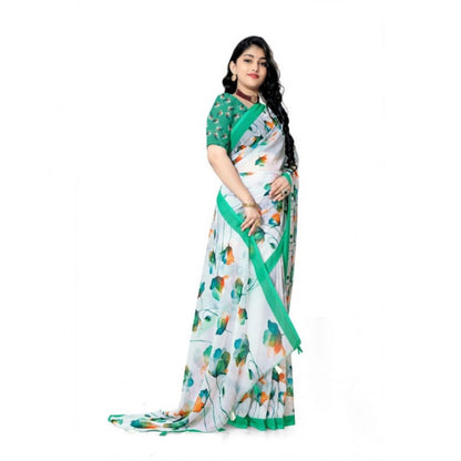 Women's Georgette Floral Printed Saree With Unstitched Blouse 5.5Mtr (Green)