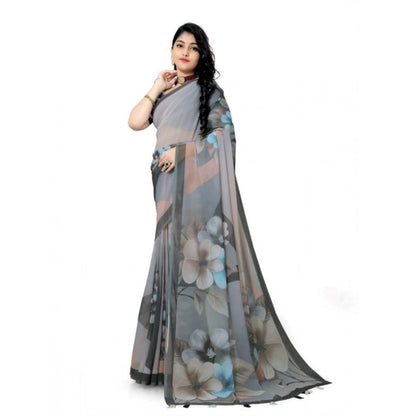 Women's Georgette Floral Printed Saree With Unstitched Blouse 5.5Mtr (Grey)