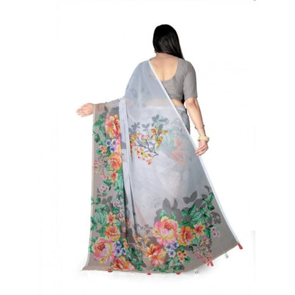Women's Georgette Floral Printed Saree With Unstitched Blouse 5.5Mtr (Grey)