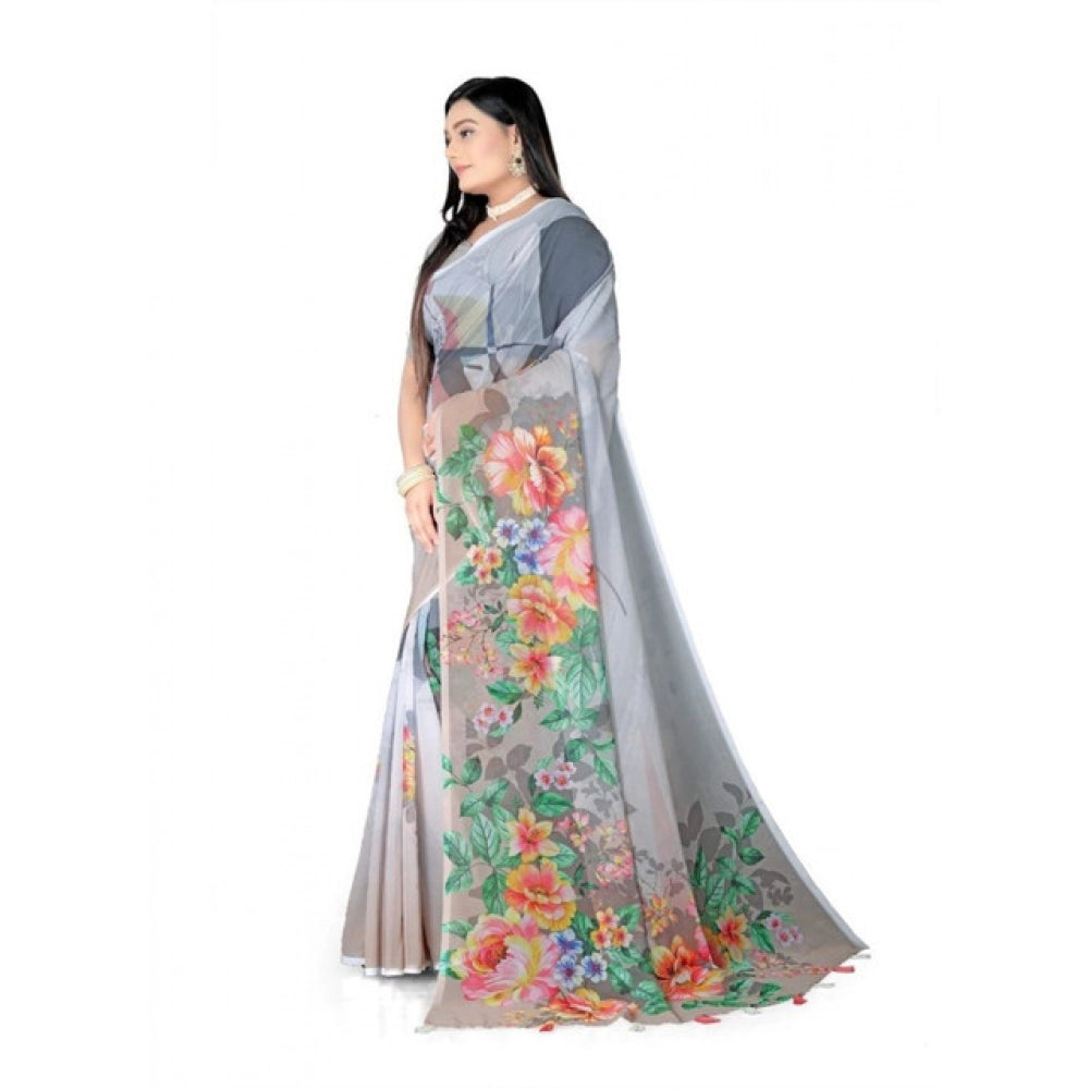 Women's Georgette Floral Printed Saree With Unstitched Blouse 5.5Mtr (Grey)