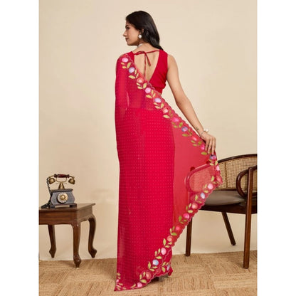 Women's Georgette Printed Saree With Unstitched Blouse 5.5Mtr (Red)