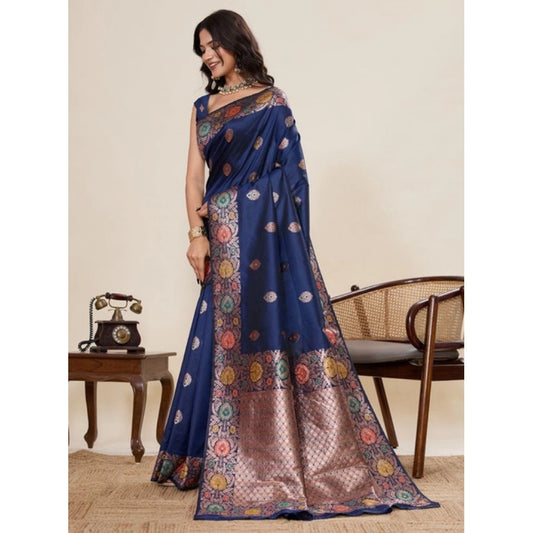 Women's Faux_Banarasi_Silk Woven Saree With Unstitched Blouse 5.5Mtr (Navy_Blue)