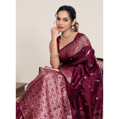 Women's Jacquard Woven Saree With Unstitched Blouse 5.5Mtr (Maroon)