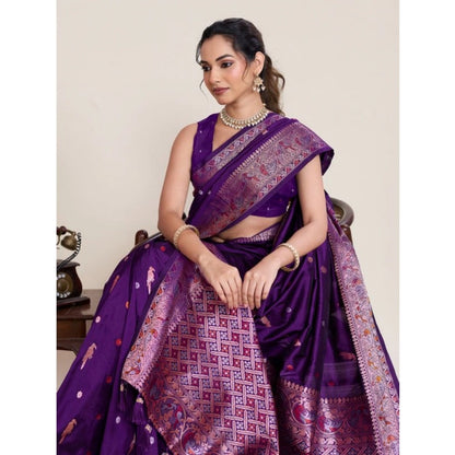 Women's Jacquard Woven Saree With Unstitched Blouse 5.5Mtr (Purple)