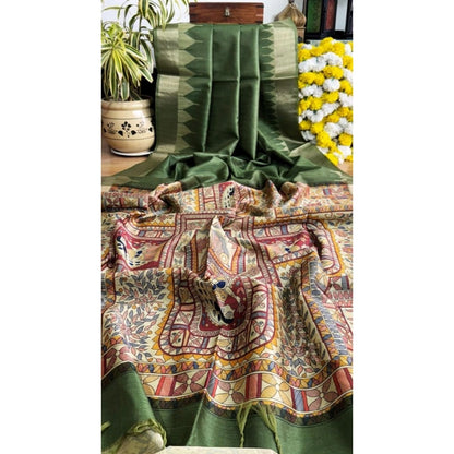 Women's Tussar Silk Madhubani Saree With Unstitched Blouse 5.5Mtr (Green)