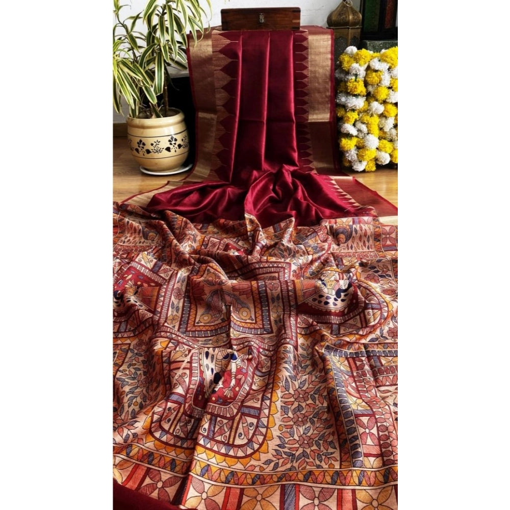 Women's Tussar Silk Madhubani Saree With Unstitched Blouse 5.5Mtr (Maroon)