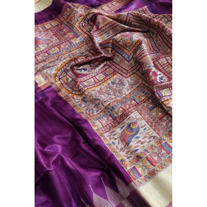 Women's Tussar Silk Madhubani Saree With Unstitched Blouse 5.5Mtr (Purple)