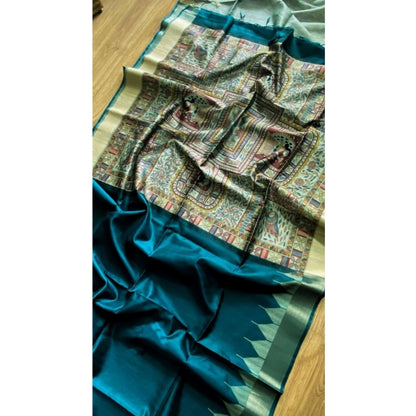 Women's Tussar Silk Madhubani Saree With Unstitched Blouse 5.5Mtr (Rama)