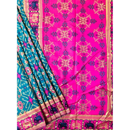 Women's Patola Silk Meena And Zari Woven Saree With Unstitched Blouse 5.5Mtr (Blue)