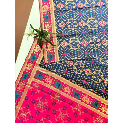 Women's Patola Silk Meena And Zari Woven Saree With Unstitched Blouse 5.5Mtr (Navy)