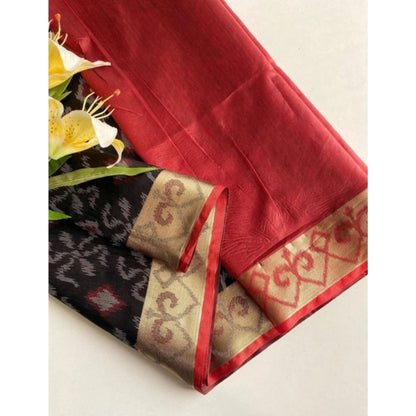 Women's Raw Silk Ikkat Saree With Unstitched Blouse 5.5Mtr (Black)