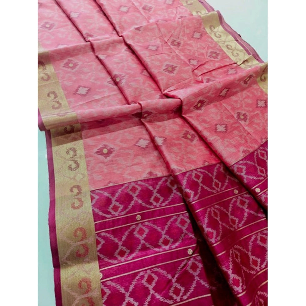 Women's Raw Silk Ikkat Saree With Unstitched Blouse 5.5Mtr (Pink)