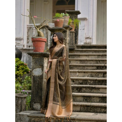 Women's Silk_Blend Butti Pattern Saree With Unstitched Blouse 5.5Mtr (Coffee)