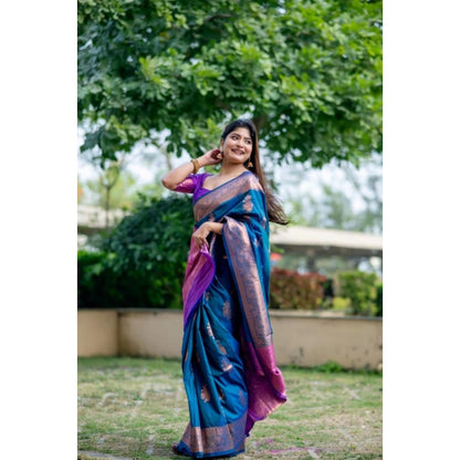 Women's Katan_Silk Zari_Weaving Saree With Unstitched Blouse 5.5Mtr (Blue)