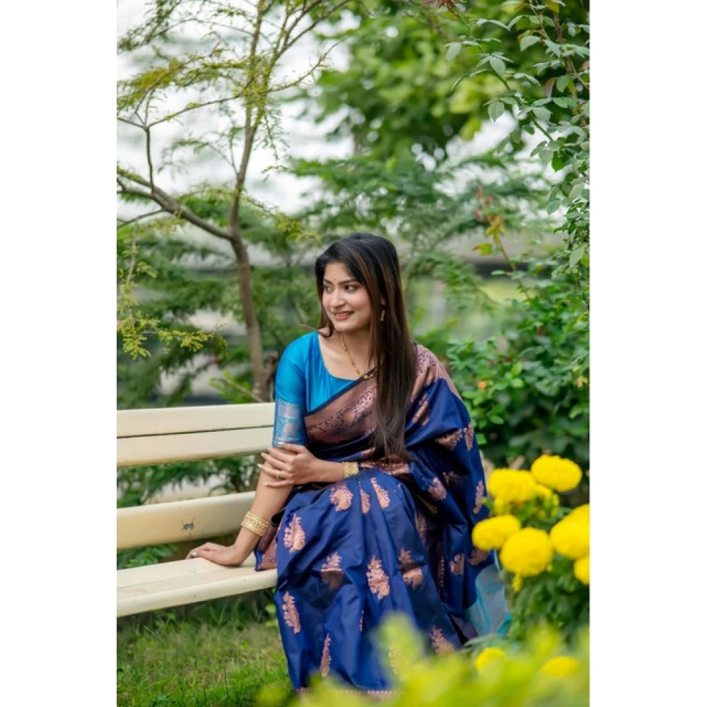 Women's Katan_Silk Zari_Weaving Saree With Unstitched Blouse 5.5Mtr (Navy_Blue)