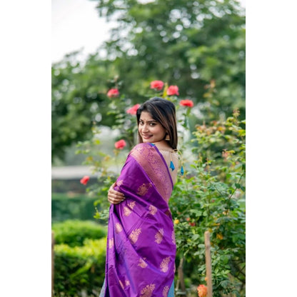Women's Katan_Silk Zari_Weaving Saree With Unstitched Blouse 5.5Mtr (Purple)