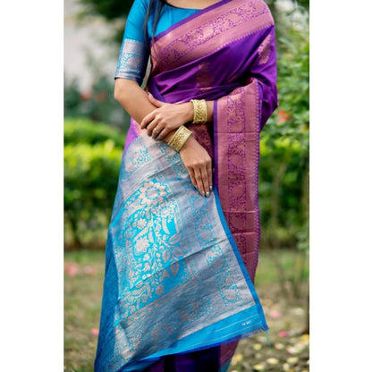 Women's Katan_Silk Zari_Weaving Saree With Unstitched Blouse 5.5Mtr (Purple)