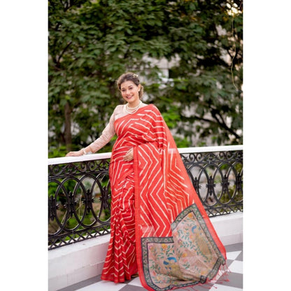 Women's Faux_Tussar_Silk Geometric_Print Saree With Unstitched Blouse 5.5Mtr (Red)