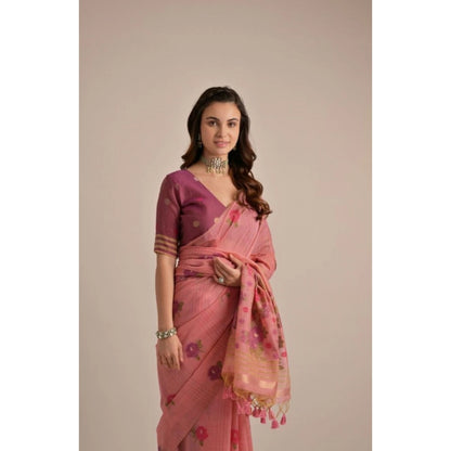Women's Blended_Cotton Floral Motifs And Woven Buttas Saree With Unstitched Blouse 5.5Mtr (Pink)