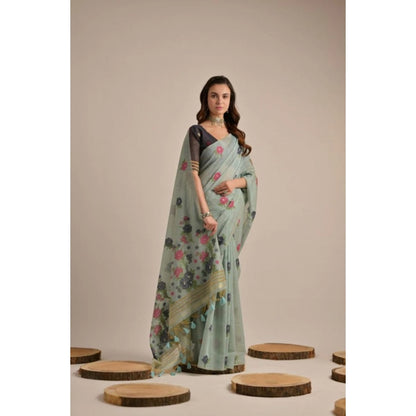 Women's Blended_Cotton Floral Motifs And Woven Buttas Saree With Unstitched Blouse 5.5Mtr (Teal)