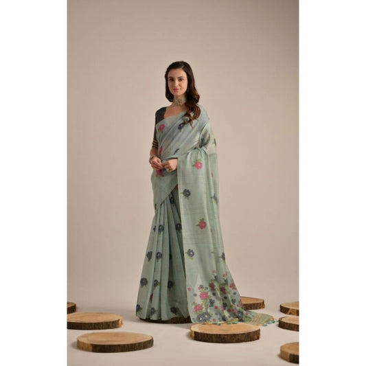 Women's Blended_Cotton Floral Motifs And Woven Buttas Saree With Unstitched Blouse 5.5Mtr (Teal)