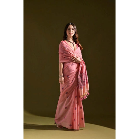 Women's Blended_Cotton Floral Saree With Unstitched Blouse 5.5Mtr (Pink)